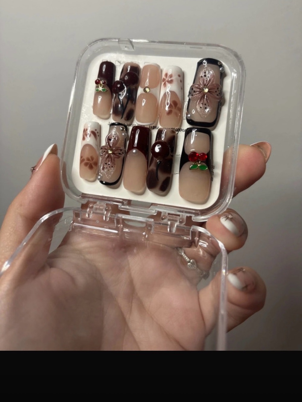 Handcrafted Beige and Burgundy Floral Press-On Nail Set